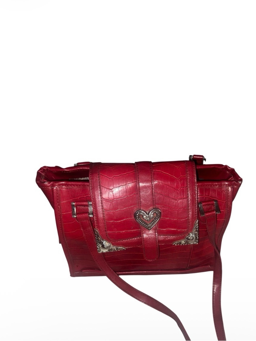 Croc-Embossed Red Heart Accent Crossbody Bag